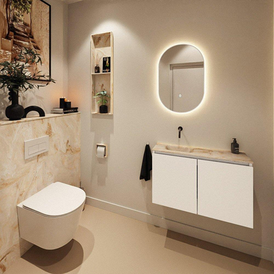 MONDIAZ TURE-DLUX Meuble toilette - 80cm - Talc - EDEN - vasque Frappe - position gauche - sans trou de robinet