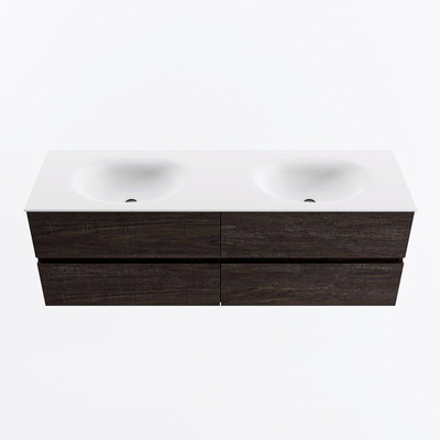 Mondiaz VICA ensemble de meuble de salle de bain - 150cm - meuble sous-vasque marron foncé - 4 tiroirs - lavabo moon double - sans trous de robinet - version haute de 60cm - talc