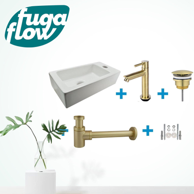 FugaFlow Eccelente Sobrado Badkamer Fonteinset - rechts - 1 kraangat - fonteinkraan geborsteld messing - wit