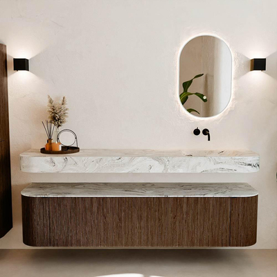 MONDIAZ THOR-DLUX 190cm badmeubel ronding links + rechts kleur Walnut met 2 lades en 2 deuren. Vrijhangende wastafel CLOUD Rechts zonder kraangat kleur Glace.