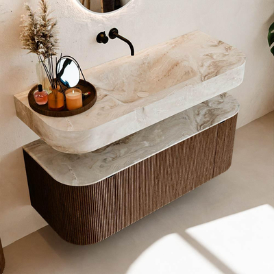 MONDIAZ THOR-DLUX 120cm badmeubel ronding links + rechts kleur Walnut met 1 lade en 2 deuren. Vrijhangende wastafel CLOUD Midden zonder kraangat kleur Frappe.