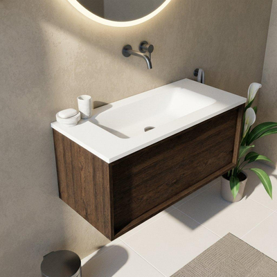 Saniclass Holz Frame Ensemble de meubles de salle de bains - 100x45x57.5cm - lavabo Torino en solid surface blanc - sans trou de robinetterie - 1 tiroir - chêne charcoal mat (bois)