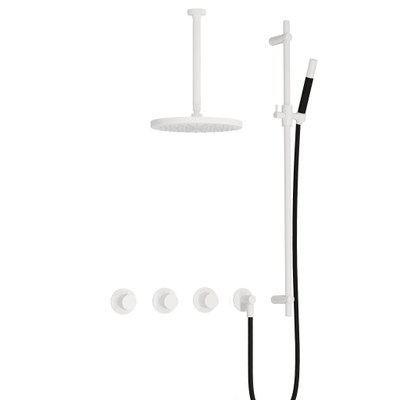 Hotbath Cobber IBS70 Ensemble de douche de tête encastré - bras de plafond 30 cm - douche de tête ronde 30 cm - douchette stick - barre de douche - blanc mat