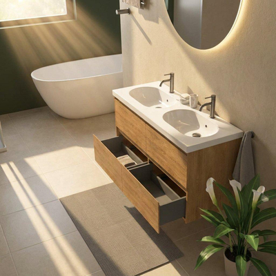 Saniclass Holz Pure Ensemble de meubles de salle de bains - 120x45x63.5cm - lavabo en céramique Palermo blanc - 2 vasques - 2 trous de robinet - 4 tiroirs - chêne natural mat (bois)