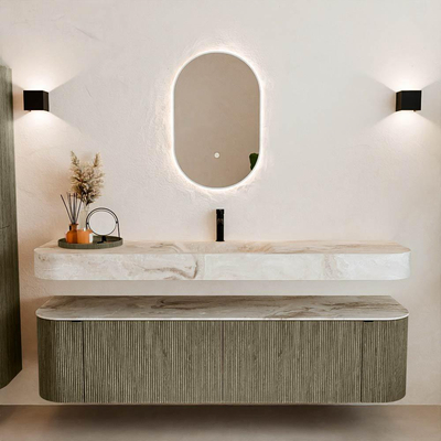 MONDIAZ THOR-DLUX 180cm meuble de salle de bains arrondi gauche + droite couleur Shadow avec 2 tiroirs et 2 portes. Vasque suspendue CLOUD Milieu 1 trou de robinet couleur Frappe.