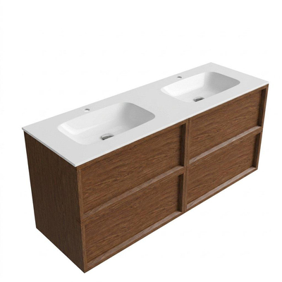 Saniclass Holz Frame Ensemble de meubles de salle de bains - 140x45x61.5cm - lavabo Flow en solid surface blanc - 2 vasques - 2 trous de robinet - 4 tiroirs - walnut pure mat (bois)