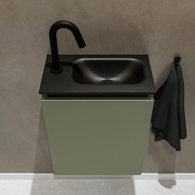 MONDIAZ TURE Fonteinset - 40x23x50cm - 1 kraangat - 1 deur - army mat - Wasbak rechts - Solid Surface Zwart