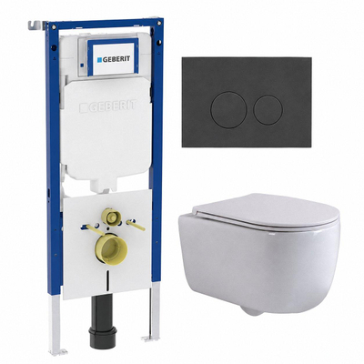 QeramiQ Dely Swirl Pack WC - 36.3x51.7cm - réservoir encastré Geberit UP720 Duofix Sigma - abattant mince - plaque de déclenchement mat anthracite - boutons ronds - blanc mat