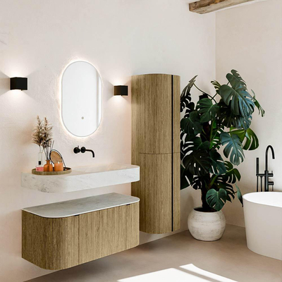 MONDIAZ THOR-DLUX 100cm meuble de salle de bains arrondi gauche + droite couleur Dusk avec 1 tiroir et 2 portes. Vasque suspendue CLOUD droite sans trou de robinet couleur Opalo.