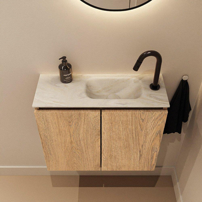 MONDIAZ TURE-DLUX meuble de toilettes 60cm Washed Oak. EDEN lavabo Ostra position droite. Avec 1 trou de robinet.