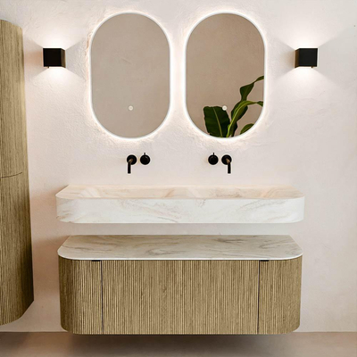 MONDIAZ THOR-DLUX 130cm badmeubel ronding links + rechts kleur Dusk met 1 lade en 2 deuren. Vrijhangende wastafel CLOUD Dubbel zonder kraangat kleur Ostra.