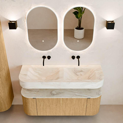 MONDIAZ THOR-DLUX 130cm badmeubel ronding links + rechts kleur Oak met 1 lade en 2 deuren. Vrijhangende wastafel CLOUD Dubbel zonder kraangat kleur Ostra.