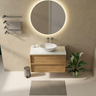 Saniclass Holz Frame Ensemble de meubles de salle de bains - 100x45x63cm - Plan vasque en marbre Dia poli (blanc) - sans trou de robinetterie - 2 tiroirs - chêne natural mat (bois)