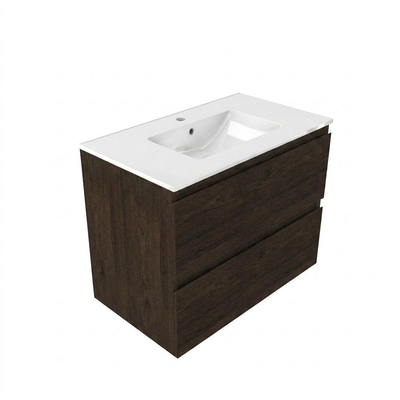 Saniclass Holz Pure Ensemble de meubles de salle de bains - 80x45x62cm - Lavabo Vygo en céramique blanc - 1 vasque - 1 trou de robinetterie - 2 tiroirs - chêne charcoal mat (bois)