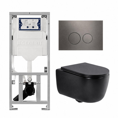 QeramiQ Dely Swirl Ensemble WC - 36.3x51.7cm - Réservoir encastré Geberit UP320 - abattant fin - Plaque de commande en gunmetal - Boutons ronds - Noir mat