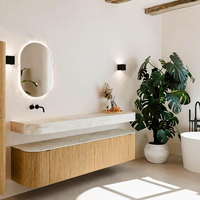 MONDIAZ THOR-DLUX Meuble de salle de bains 190cm arrondi gauche + droite couleur Oak avec 2 tiroirs et 2 portes. Vasque suspendue CLOUD Gauche sans trou de robinet couleur Ostra.