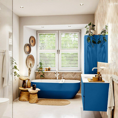 Mondiaz VICA ensemble de meuble de salle de bain - 140cm - meuble sous-vasque jeans - 2 tiroirs - lavabo moon milieu - sans trous de robinet - couleur talc - miroir LED - version XL 60cm haut