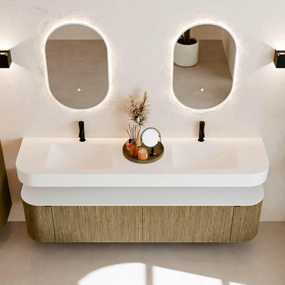 MONDIAZ THOR Meuble de salle de bains - 190cm - arrondi gauche + droite - couleur Dusk - 2 tiroirs et 2 portes - Lavabo suspendu CLOUD Double 2 trous de robinet - couleur Talc