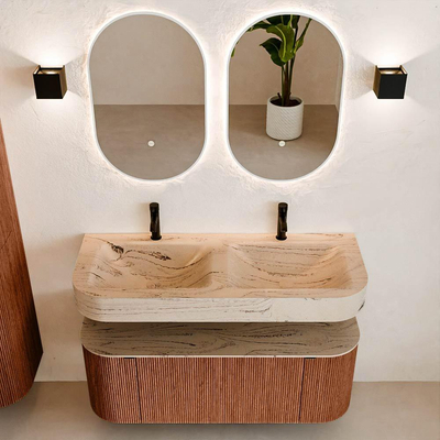 MONDIAZ THOR-DLUX 120cm meuble de salle de bains arrondi gauche + droite couleur Ruby avec 1 tiroir et 2 portes. Vasque suspendue CLOUD Double 2 trous de robinet couleur Arena.