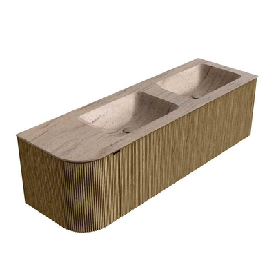 MONDIAZ KURVE-DLUX Meuble de salle de bains 145cm arrondi à gauche couleur Dusk avec 1 tiroir et 1 porte. Lavabo LEAF Double / Droite sans trou de robinet Saba.