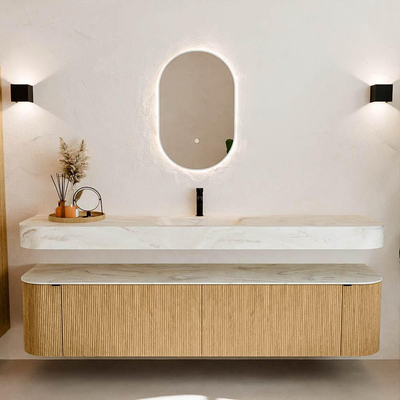 MONDIAZ THOR-DLUX 200cm meuble de salle de bains arrondi gauche + droite couleur Oak avec 2 tiroirs et 2 portes. Vasque suspendue CLOUD Milieu 1 trou de robinet couleur Ostra.