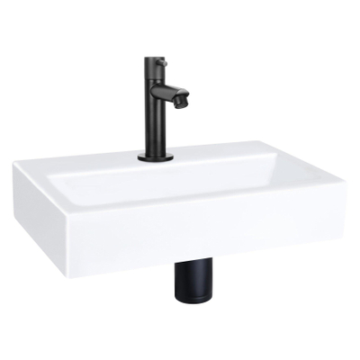 Differnz Flat Set lave-mains 38x24x8cm 1 trou avec robinet droit et siphon + bonde noir mat Rectangulaire Céramique Blanc