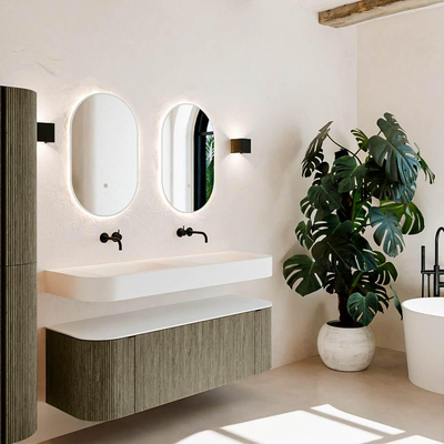 MONDIAZ THOR 140cm meuble de salle de bains arrondi gauche + droite couleur Shadow avec 1 tiroir et 2 portes. Vasque suspendue CLOUD Double sans trou de robinet couleur Talc.