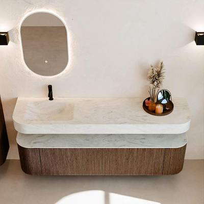 MONDIAZ THOR-DLUX Meuble de salle de bains 180cm arrondi gauche + droite couleur Walnut avec 2 tiroirs et 2 portes. Vasque suspendue CLOUD Gauche 1 trou de robinet couleur Opalo.