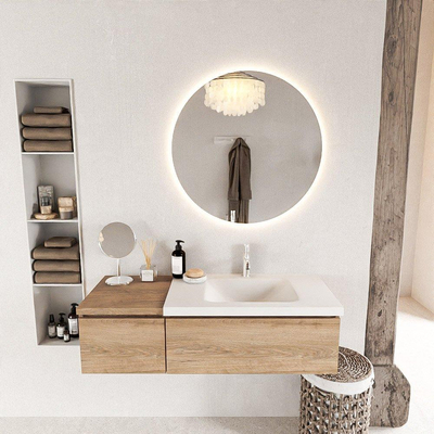 MONDIAZ BUKLA 120cm meuble de salle de bain avec module 40 couleur Chêne blanchi avec 2 tiroirs. Lavabo CLOUD à droite 1 trou de robinet couleur Talc.