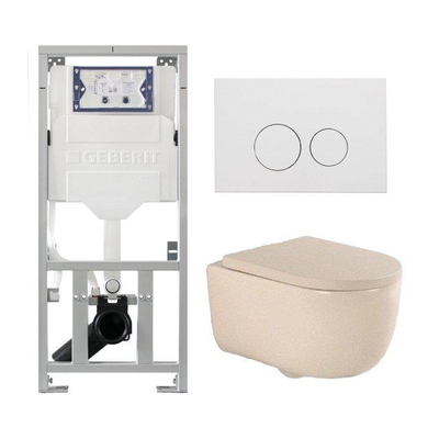 QeramiQ Dely Swirl Ensemble WC- 36.3x51.7cm - Réservoir encastré Geberit UP320 - Abattant de 35mm d'épaisseur - Plaque de commande en métal blanc mat - Boutons ronds - Beige