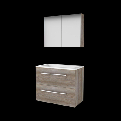 Basic-Line Comfort 46 ensemble de meubles de salle de bain 80x46cm avec poignées 2 tiroirs lavabo acrylique 1 trou de robinetterie armoire de toilette mfc scotch oak