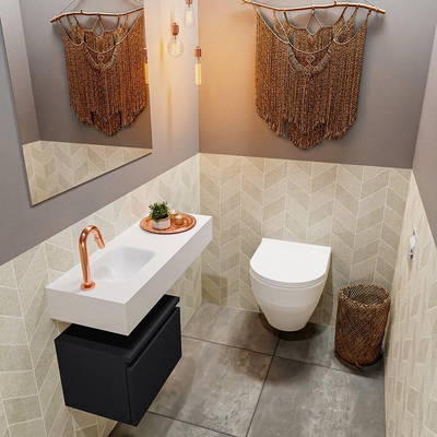 MONDIAZ ANDOR Meuble WC - 80x30x30cm - 1 trou de robinet - 1 tiroir - urban mat - lavabo à gauche - Solid surface - Blanc