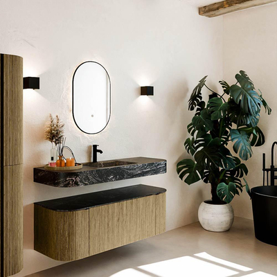 MONDIAZ THOR-DLUX 130cm meuble de salle de bains arrondi gauche + droite couleur Dusk avec 1 tiroir et 2 portes. Vasque suspendue CLOUD Milieu 1 trou de robinet couleur Lava.