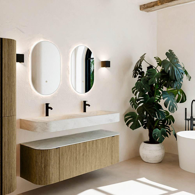 MONDIAZ THOR-DLUX 140cm meuble de salle de bains arrondi gauche + droite couleur Dusk avec 1 tiroir et 2 portes. Vasque suspendue CLOUD Double 2 trous de robinet couleur Opalo.