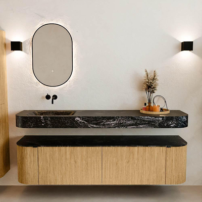 MONDIAZ THOR-DLUX 180cm meuble de salle de bains arrondi gauche + droite couleur Chêne avec 2 tiroirs et 2 portes. Vasque suspendue CLOUD Gauche sans trou de robinet couleur Lava.