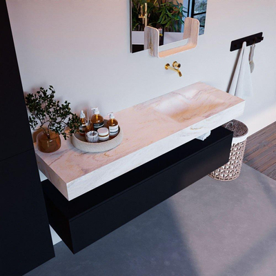 Mondiaz ALAN-DLUX Ensemble de meuble - 150cm - meuble Urban mat - 1 tiroir - Lavabo Cloud Ostra suspendu - vasque Droite - 0 trous de robinet