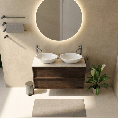 Saniclass Holz Frame Ensemble meuble de salle de bains - 120x45x63cm - Plan de toilette en pierre naturelle travertin - 2 trous de robinetterie - 2 tiroirs - chêne charcoal mat (bois)