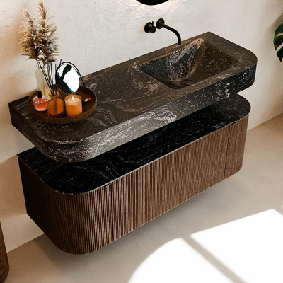 MONDIAZ THOR-DLUX 130cm meuble de salle de bains arrondi gauche + droite couleur Walnut avec 1 tiroir et 2 portes. Vasque suspendue CLOUD droite sans trou de robinet couleur Lava.