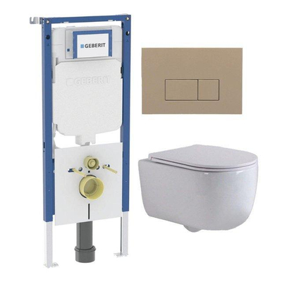 QeramiQ Dely Swirl Toiletset - 36.3x51.7cm - Geberit UP720 Duofix Sigma inbouwreservoir - slimzitting - bedieningsplaat taupe - rechthoekige knoppen - wit glans