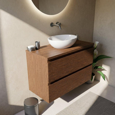 Saniclass Holz Pure Ensemble de meubles de salle de bains - 100x45x63cm - Plan de toilette en pierre naturelle travertin - sans trou de robinetterie - 2 tiroirs - walnut pure mat (bois)
