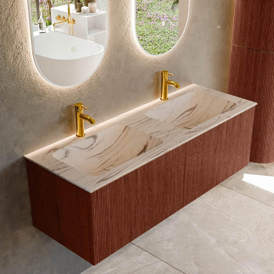 MONDIAZ KURVE-DLUX Meuble de salle de bains 130 cm couleur Ruby avec 2 tiroirs et 0 porte. Lavabo LEAF Double 2 trous de robinet Nata.