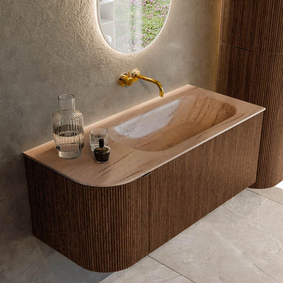 MONDIAZ KURVE-DLUX 105cm badmeubel ronding Links kleur Walnut met 1 lade en 1 deur. Wastafel BIG SMALL Rechts zonder kraangat Saba.