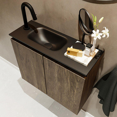 MONDIAZ TURE Kit lave-mains - 60x23x50cm - 1 trou de robinet - 2 portes - marron foncé mat - Lavabo à gauche - Solid Surface Noir