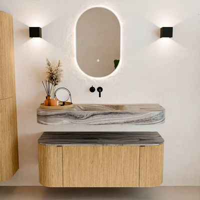 MONDIAZ THOR-DLUX 120cm badmeubel ronding links + rechts kleur Oak met 1 lade en 2 deuren. Vrijhangende wastafel CLOUD Midden zonder kraangat kleur Sombra.