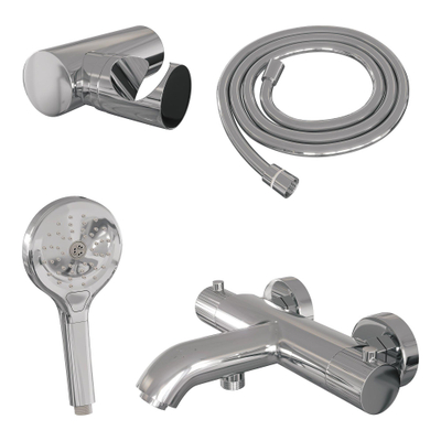 BRAUER Stripe Mitigeur thermostatique douche bain SET 04 - apparent - support mural - douchette à main 3 positions - flexible de douche - chrome