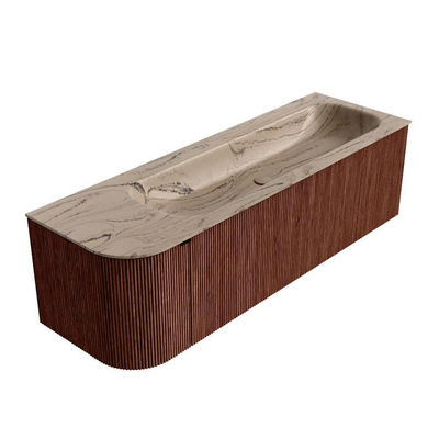 MONDIAZ KURVE-DLUX Meuble de salle de bains 145cm arrondi à gauche couleur Ruby avec 1 tiroir et 1 porte. Lavabo BIG LARGE à droite sans trou de robinet Arena.
