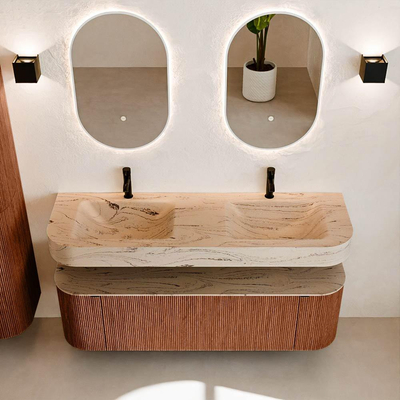 MONDIAZ THOR-DLUX 150cm meuble de salle de bains arrondi gauche + droite couleur Ruby avec 1 tiroir et 2 portes. Vasque suspendue CLOUD Double 2 trous de robinet couleur Arena.