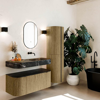 MONDIAZ THOR-DLUX 110cm meuble de salle de bains arrondi gauche + droite couleur Dusk avec 1 tiroir et 2 portes. Vasque suspendue CLOUD droite sans trou de robinet couleur Lava.