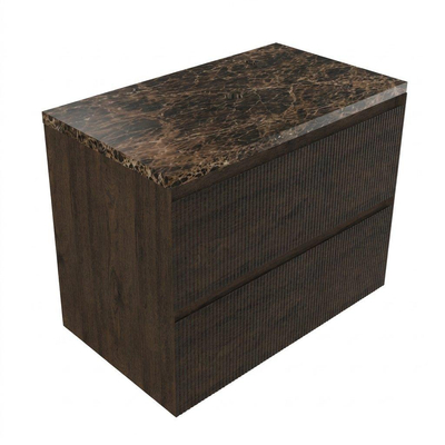 Saniclass Holz Atelier Ensemble de meuble de salle de bains - 80x45x63cm - Plan de travail en pierre naturelle Noche dark emperador - 1 trou de robinet - 2 tiroirs - chêne charcoal mat (bois)