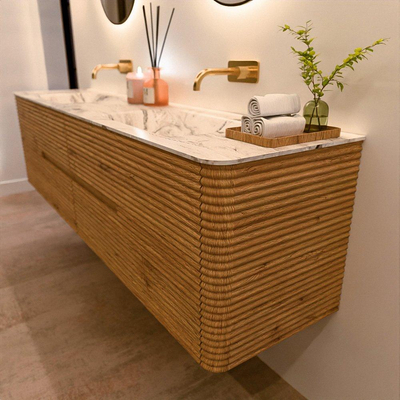 Mondiaz CIRO-DLUX Ensemble de meubles de salle de bains - 190x45x50cm - lavabo solid surface Glace - 2 vasques double - sans trous de robinet - 4 tiroirs - Chêne